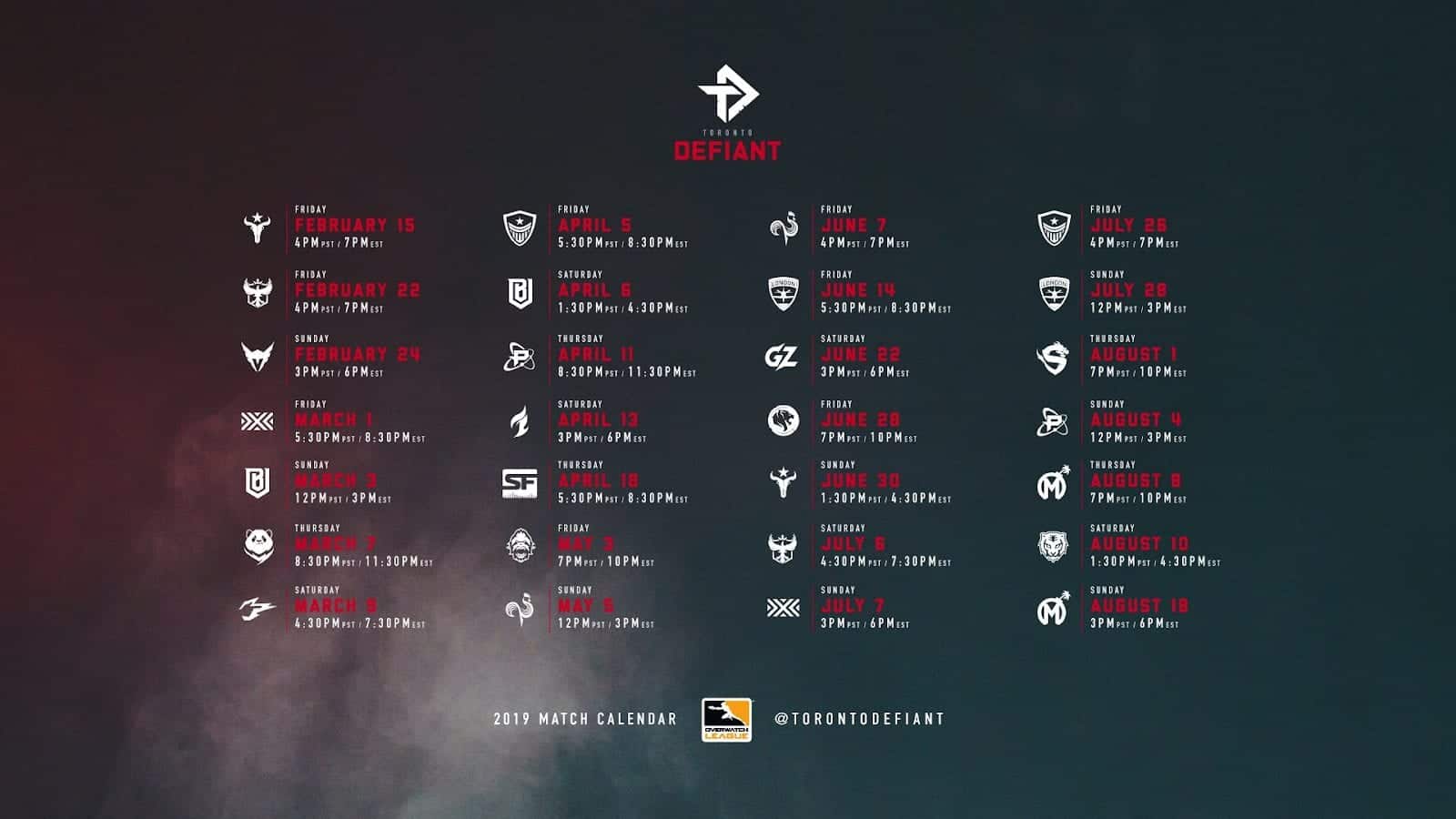 Toronto Defiant Schedule