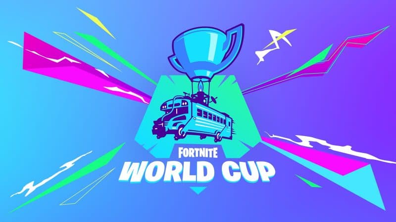The Fortnite battle bus is shown with a trophy on top of it as the Fortnite World Cup logo.
