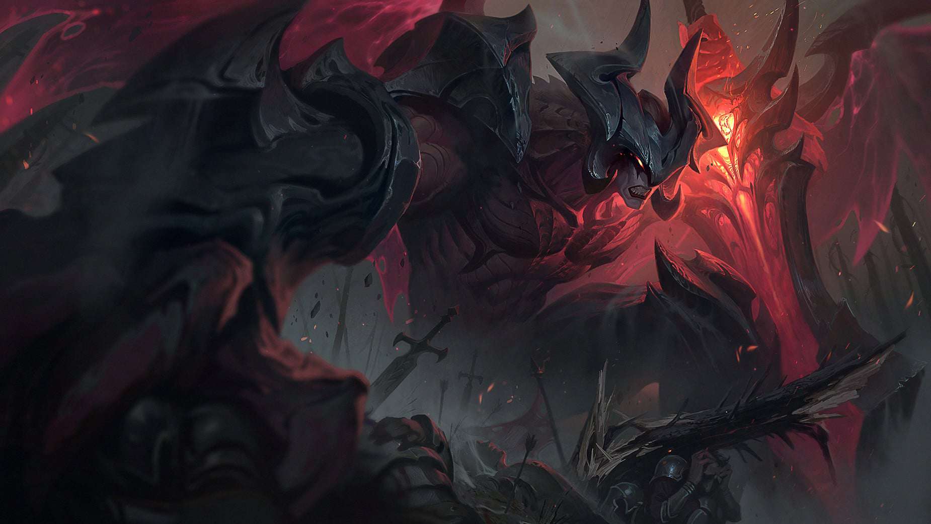 The splash art of League of Legends champion Aatrox, with him crouching down and holding a massive glowing red sword