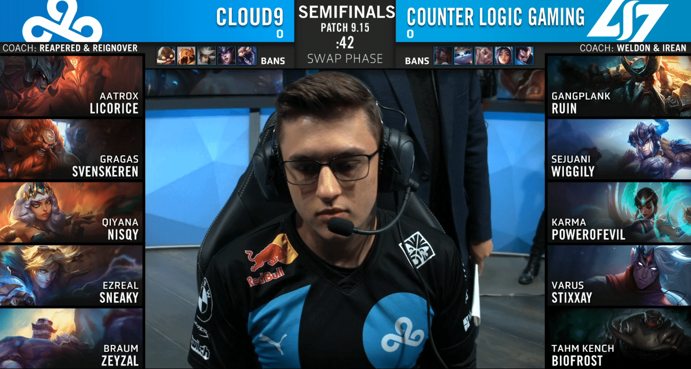 League of Legends Championship Series LCS summer 2019 semifinal game one Cloud9 C9 Counter Logic Gaming CLG Svenskeren