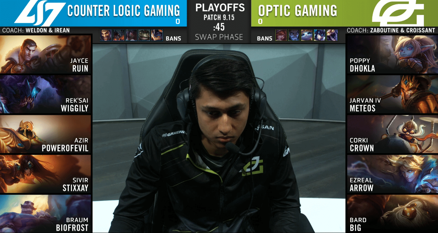 Counter Logic Gaming CLG and OpTic Gaming OPT team compositions for LCS quarterfinals game one with Dhokla