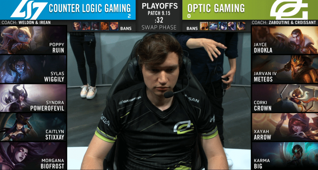 Counter Logic Gaming CLG and OpTic Gaming OPT team compositions for LCS quarterfinals game three with Meteos