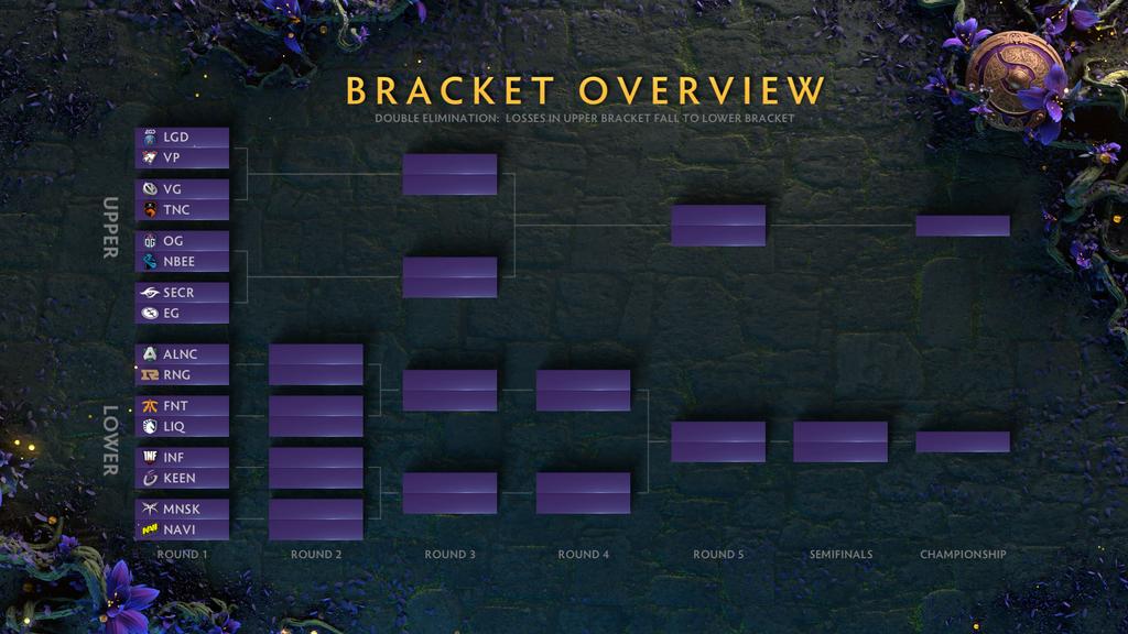 Upper Bracket: LGD, VP, Vici, TNC, OG, Newbee, Secret, EG. Lower Bracket: Alliance, RNG, Fnatic, Liquid, Infamous, Keen, Mineski, Navi 