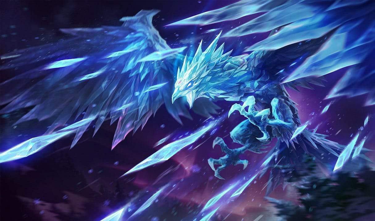 The splash art for League of Legends champion Anivia, a giant bird made of ice shooting ice shards.