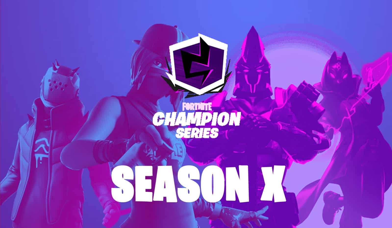 Fortnite Heroes appear in a washed out purple hue. The Soldier stands in the foreground with a can of spray paint. The words Fortnite Champion Series, Season X dominate the middle of the frame, obscuring her slightly from view.