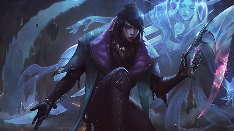 League of Legends Aphelios crouching with a curved pistol and his ghost sister floating around him