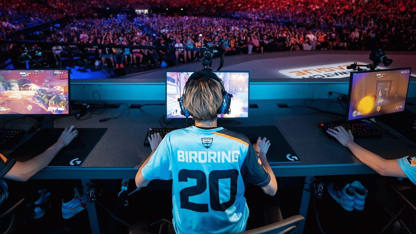 Birdring in his London Spitfire Jersey playing Overwatch