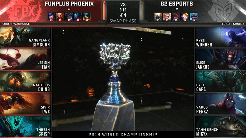 A view of the LoL Worlds trophy on the Grand Final stage in Paris