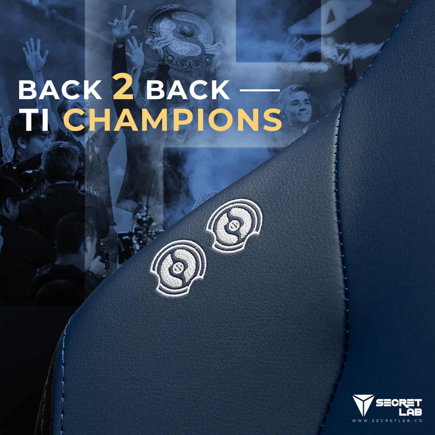 A close up of the embroidered aegis icons on the headrest of the chair with the words "back 2 back TI champions" above in white and gold lettering