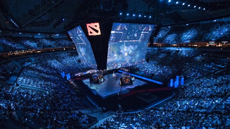 A shot of the Mercedes-Benz Arena in Shanghai during the Dota 2 TI9 tournament