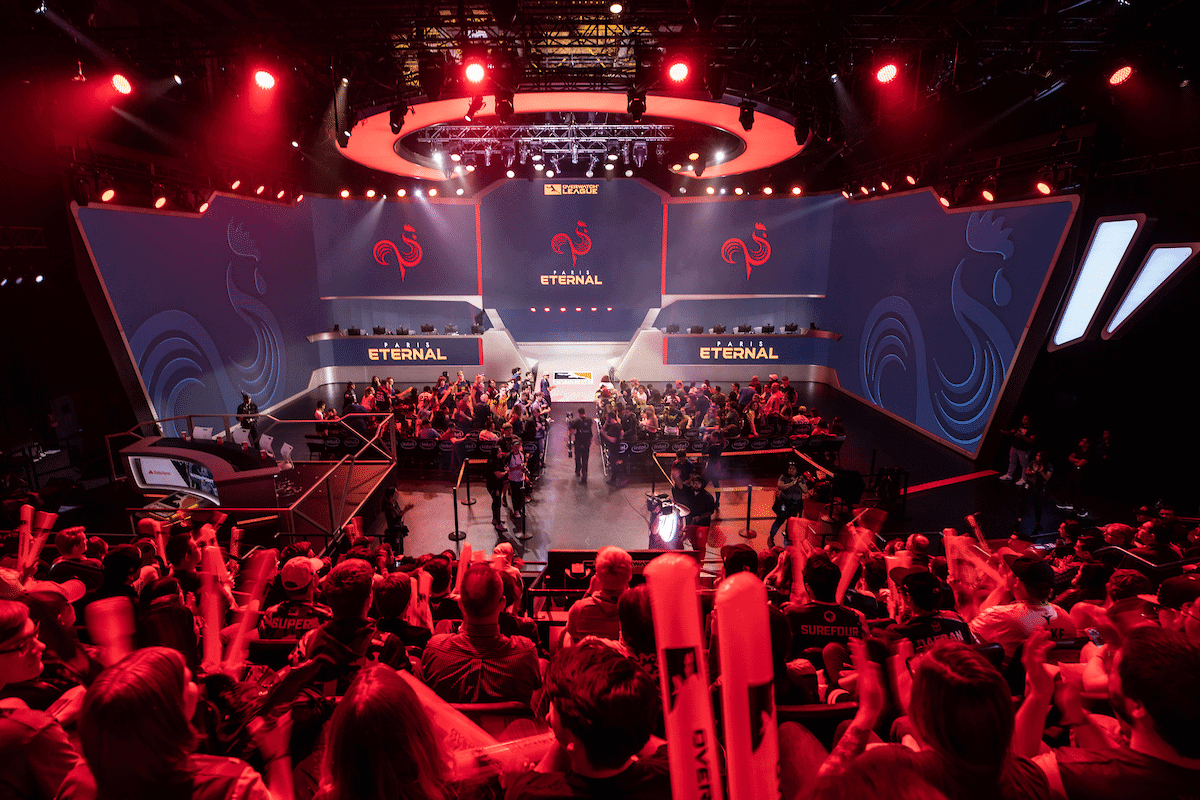 The stage in Paris decked out in Paris Eternal logos as the crowd waits for game start