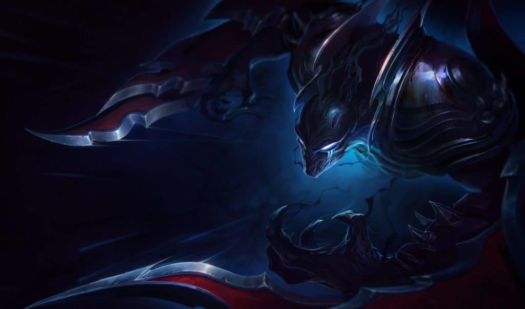 The splash art for LoL champion Nocturne, a shadowy monster with blades on his arms.