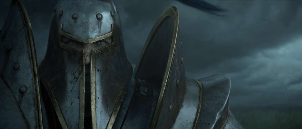 A close up of the face of a paladin in armor