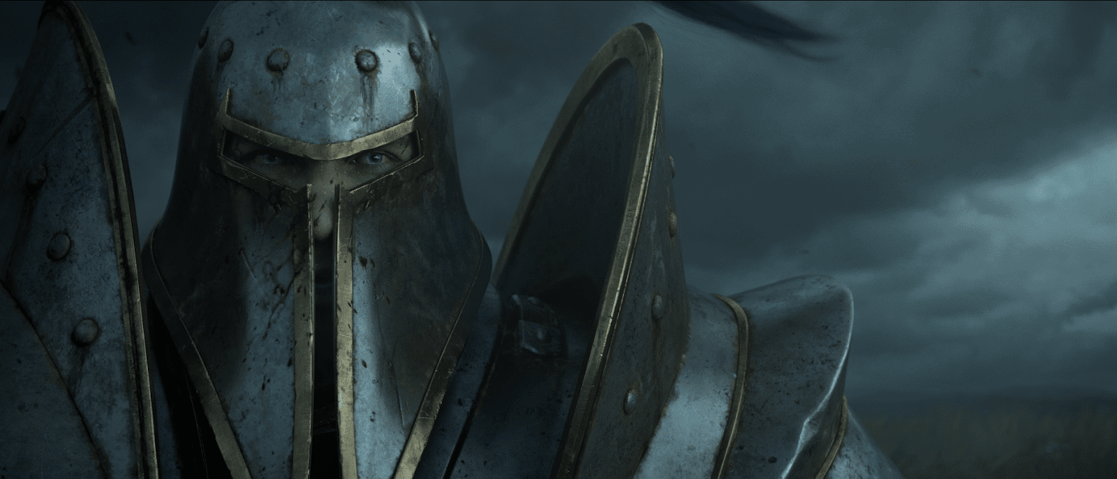 A close up of the face of a paladin in armor