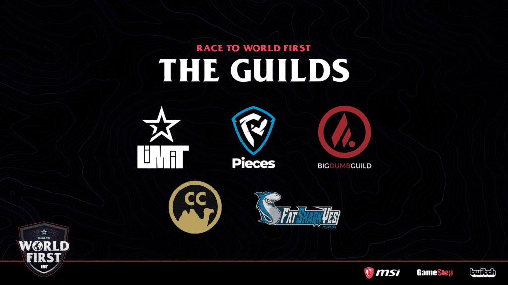 The Race to World First promotional image showing the logos for all invited guilds