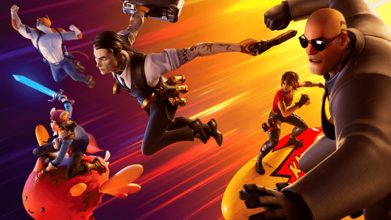 Fortnite heroes including the ninja, the builder and the soldier speeding through an orange tinted sky