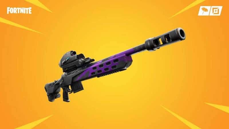The storm sniper rifle, a long range rifle with a purple body and a black barrel.