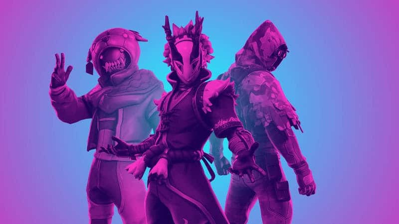 Thre fortnite heroes including the soldier and the ninja stand in front of a purple and blue background.