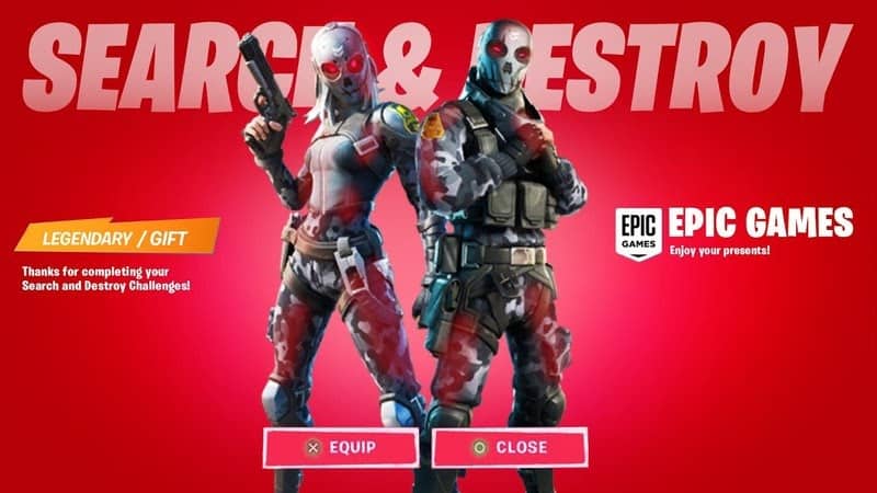 A promotional image for Search & Destroy featuring two Fortnite heroes with weapons drawn