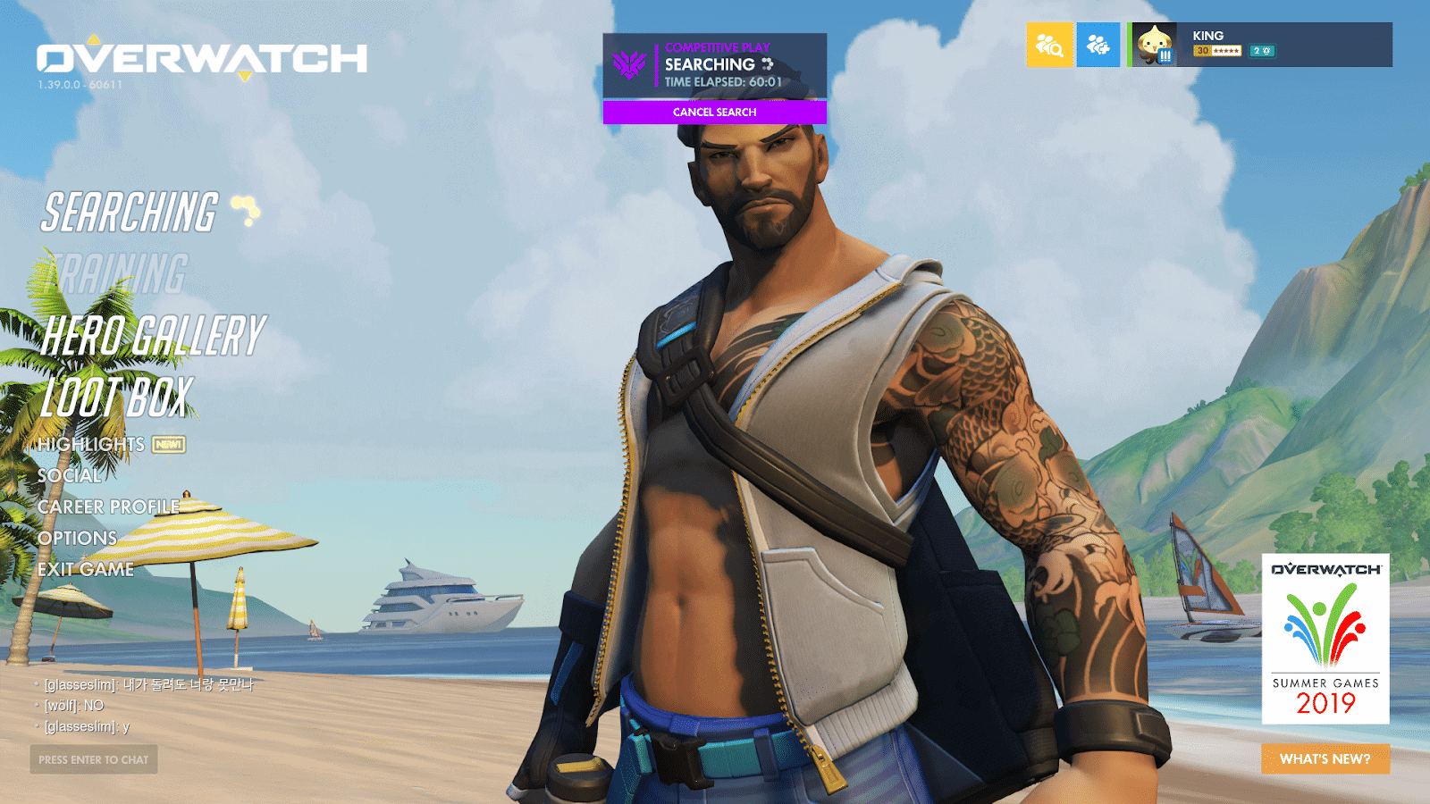An ingame screen showing Hanzo waiting for a match, 60-minutes had elapsed on the queue timer.
