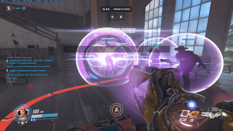 An ingame screen showing Zarya's particle weapon charging