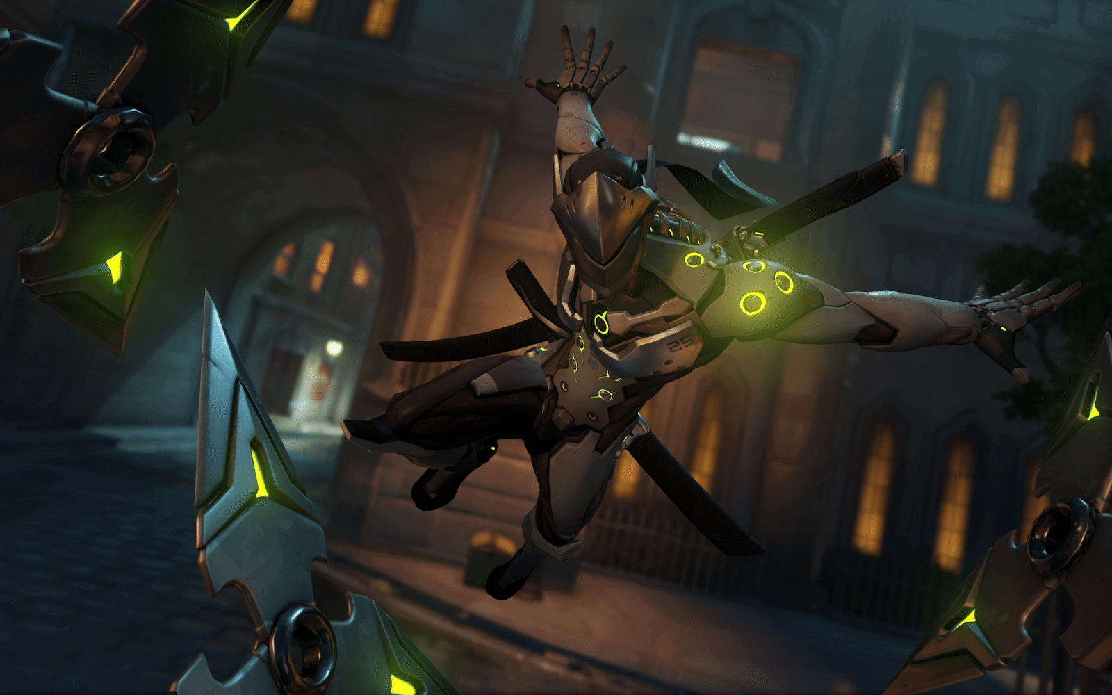 An ingame screen showing Genji leaping to attack