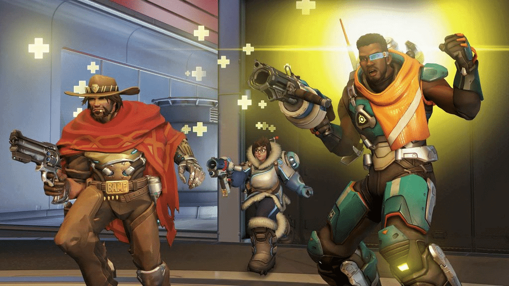 An ingame screen showing McCree, Mei and Baptiste being healed