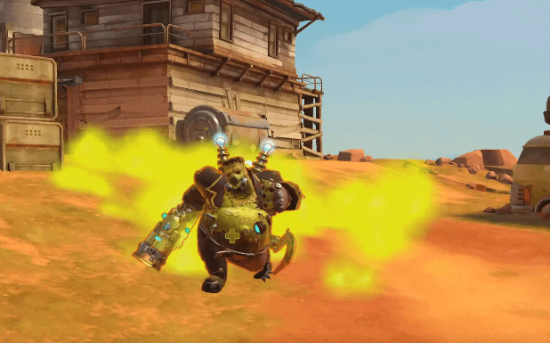 Roadhog running across the desert, surrounded by flames
