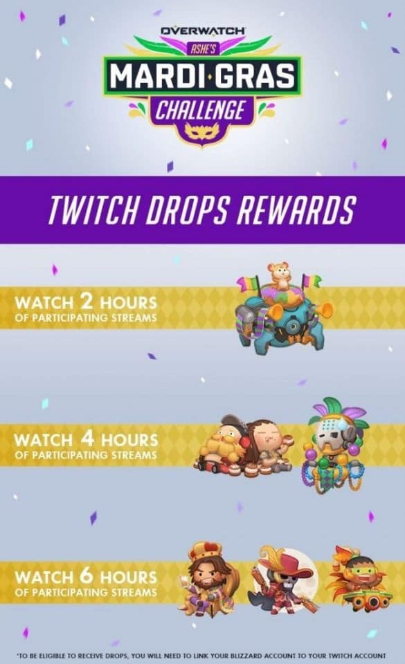 A graphic showing the sprays available as twitch drop rewards, including a mardigras themed Lucio and a Chibi McRee with a crown