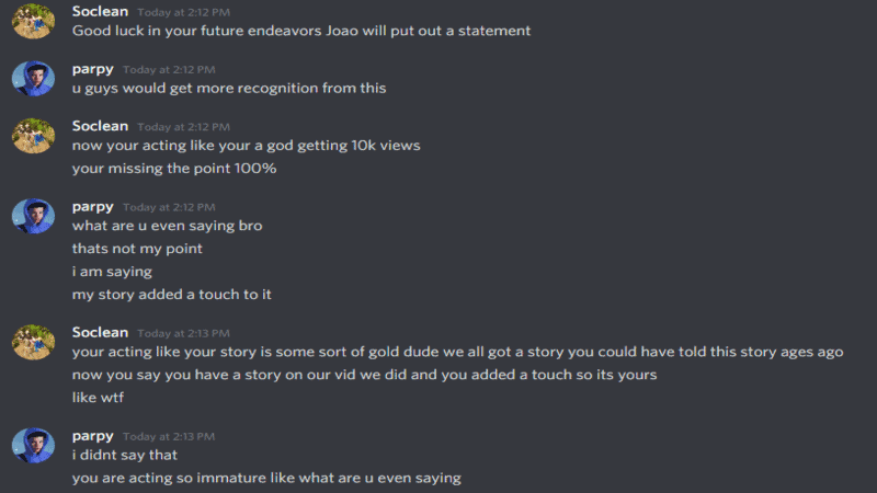 A screenshot of a discord conversation between Parpy and Soclean discussing the incident