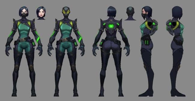 The concept art for Viper, a pale woman with short black hair and a tight black suit with green accents, she also has a face mask to protect her from her toxins