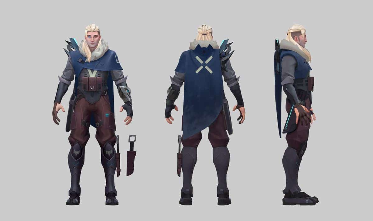 Concept art for Sova, a tall, blonde, Siberian looking man with a blue cape and a precision bow on his back. He wears an eye piece over his right eye.