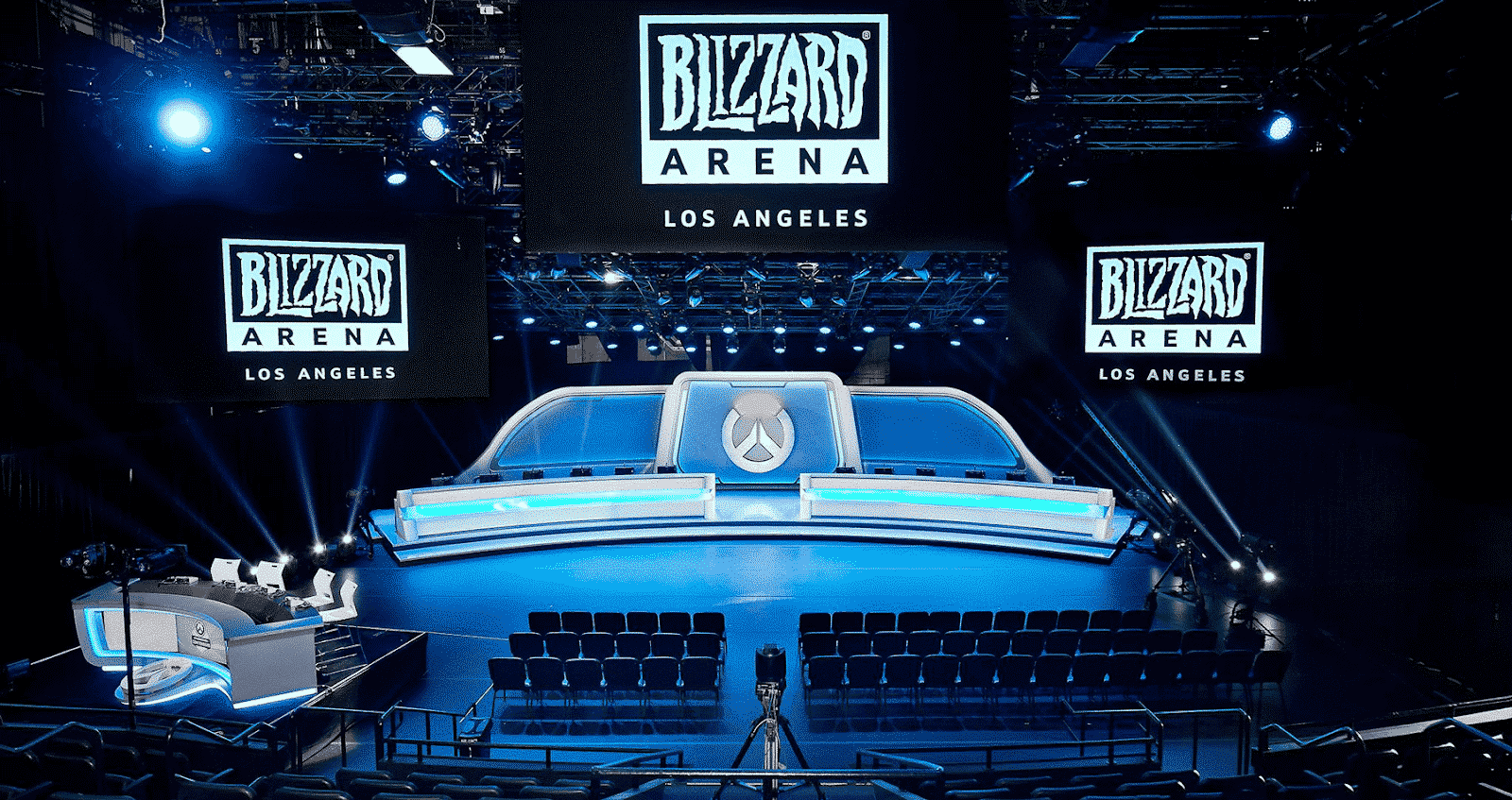 Blizzard Stadium in Los Angeles with camera set to record the stage, looking eeriely empty of fans and event staff