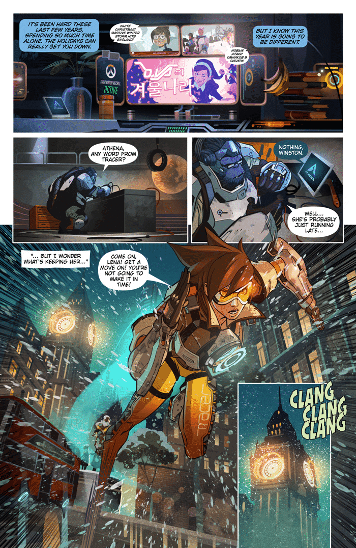 A page from the Overwatch Comic shjowing Trace speeding through the streets of London rushing to meet Winston.