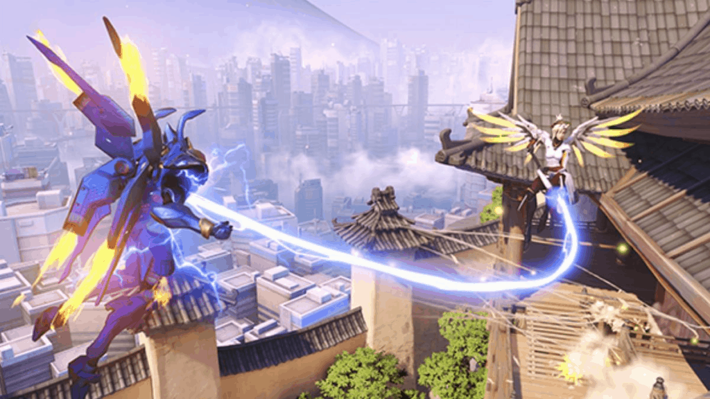 The heroes Mercy and Pharah battle in the sky