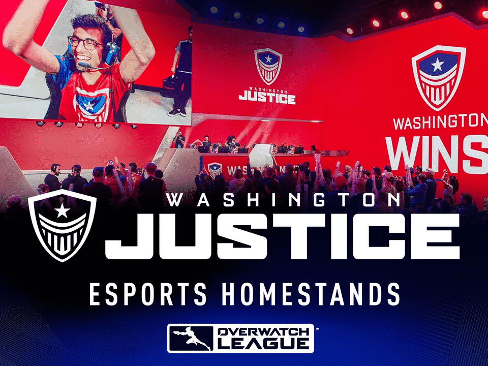 The crowd cheering at a Washington Justice game, the wordss Washington Justice esports homestands is written in white across the lower half of the image