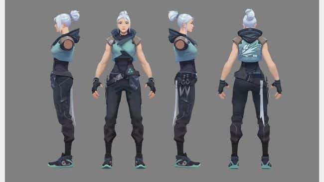 The character Jett with her short white hair in a messy ponytail, she wears a sleeveless vest with a hood in blue and black and has white ribbons hanging from the belt of her pants