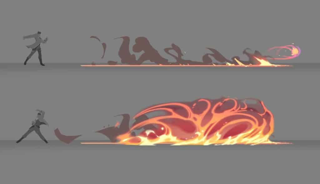 Concept art showing Phoenix's fire powers, a blaze of flames trails out ahead from his hands across the ground