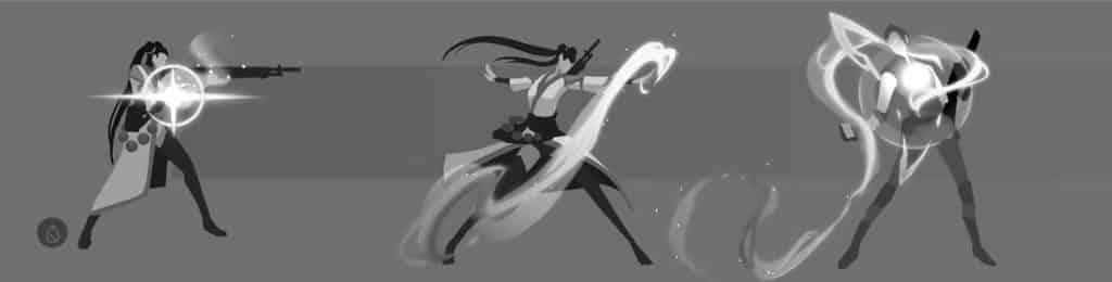 Concept art showing Sage's movement, including firing a gun, sending waves of healing energy 