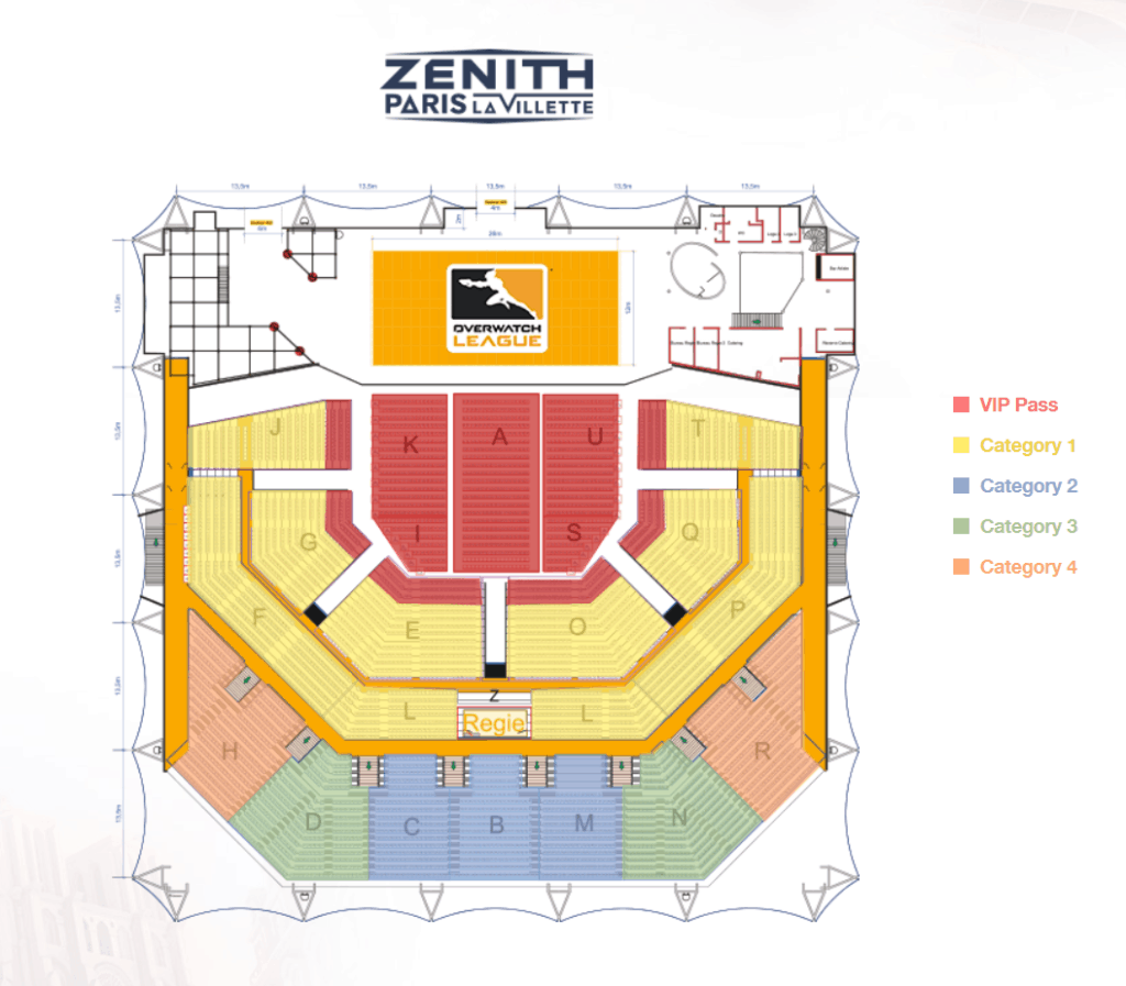 The seating plan for Zenith Stadium, showing the colour-coded areas for different ticket holders