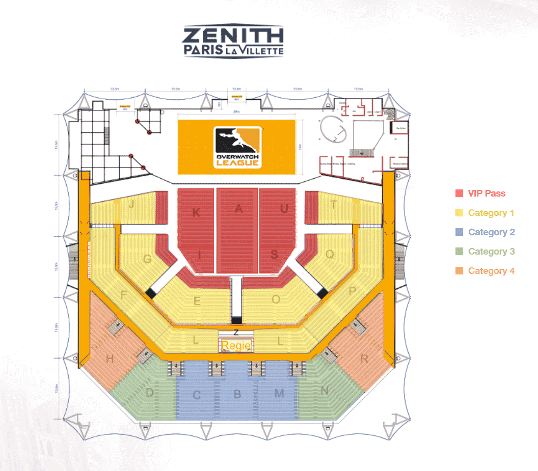 The seating plan for Zenith Stadium, showing the colour-coded areas for different ticket holders