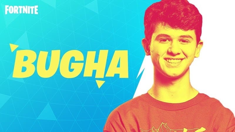 Bugha smiles facing the camera, the photo has been tinted orange and blue to give it a tropical feel. The word "Bugha" is written to the right in large yellow letters