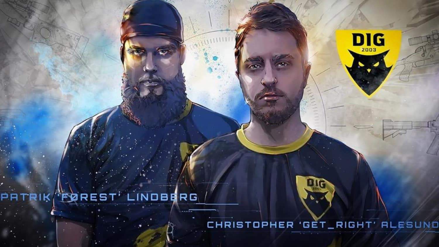 Patrik 'Forest' Lindberg and Christopher 'Get_Right' Alesund stand facing the camera in their DIG jerseys. A comic book filter has been applied to the photo giving it an illustrated feel