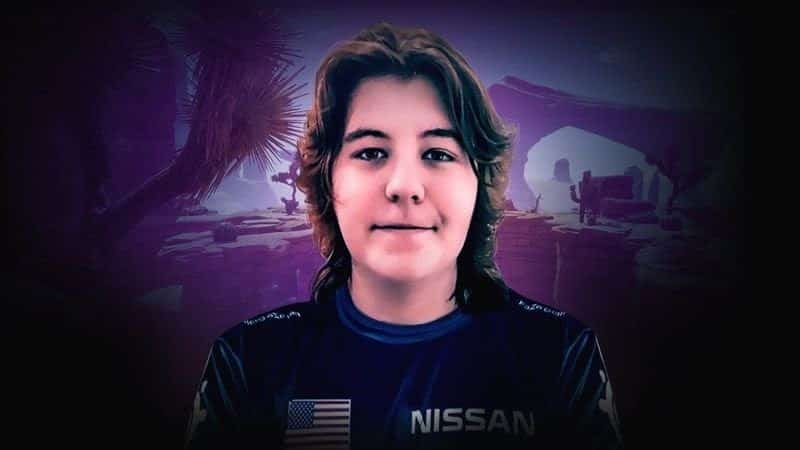 Dubs stand against a purple and black background wearing his FaZe Clan jersey