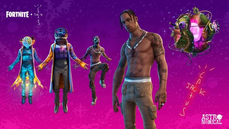 A promotional image showing cactus jack and the new skins available for the Travis Scott cross over event