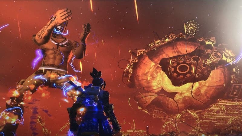 A scene from the Astronomical concert showing a giant Travis Scott against a red sky with falling meteors