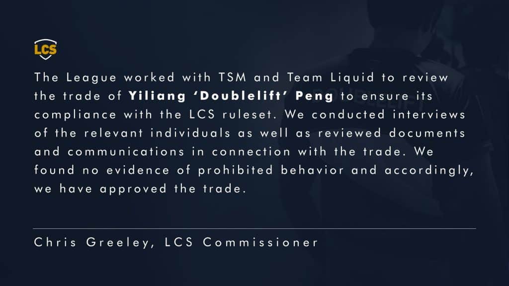 LCS Doublelift TSM roster move statement