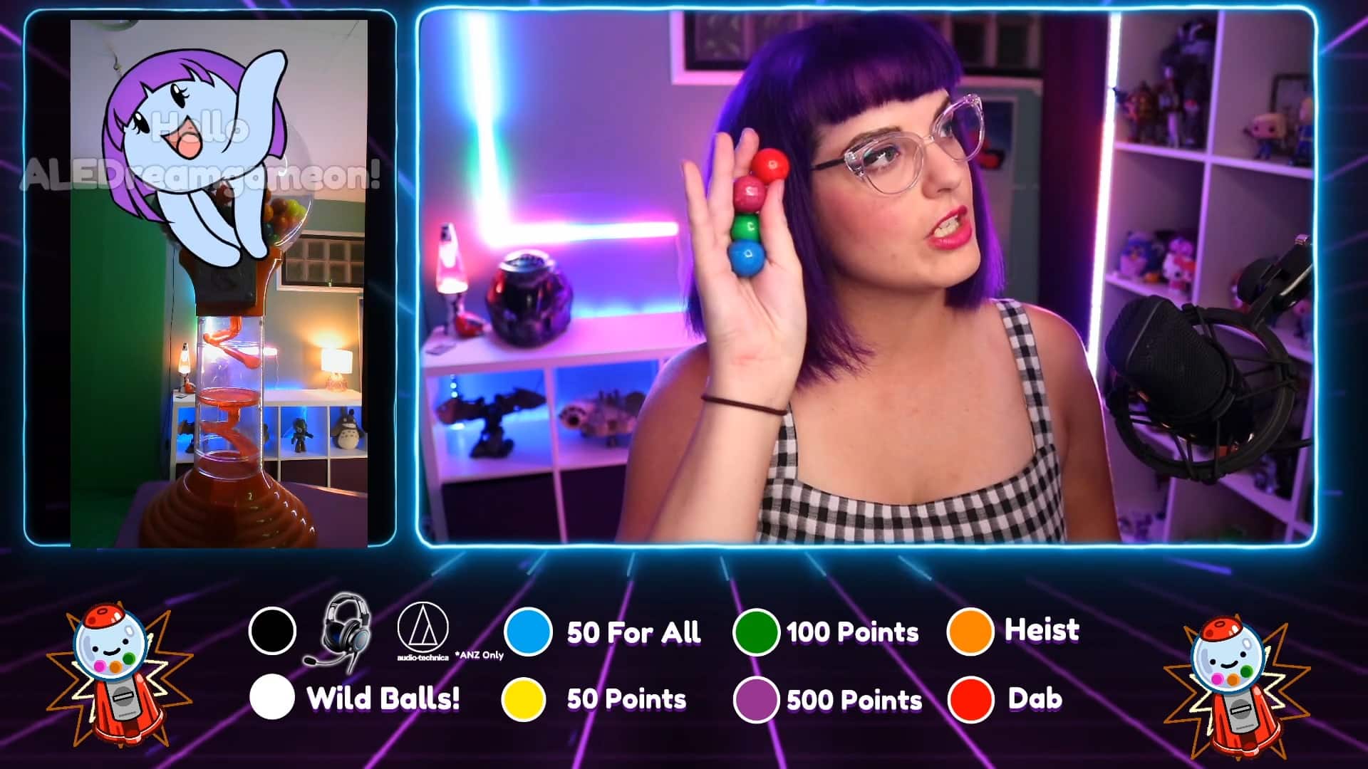 Naysy picking gumballs from her gumball machine on screen. An animated chibi octopus with purple hair waves to welcome a viewer in the top left corner