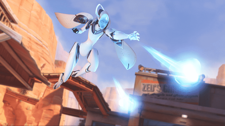 Echo searches for her allies while flying across the roof tops