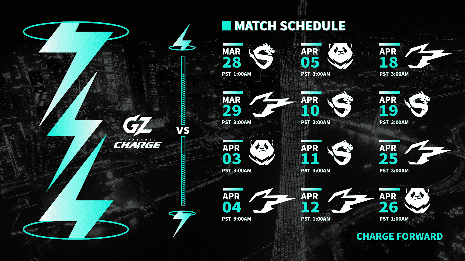 A graphic showing the schedule for the Guangzhou Charge featuring the team logo and the dates in bright blue neon lettering